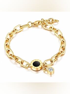 18 K Gold  Plated Link Bracelet with Black Enamel and Crystal Charm